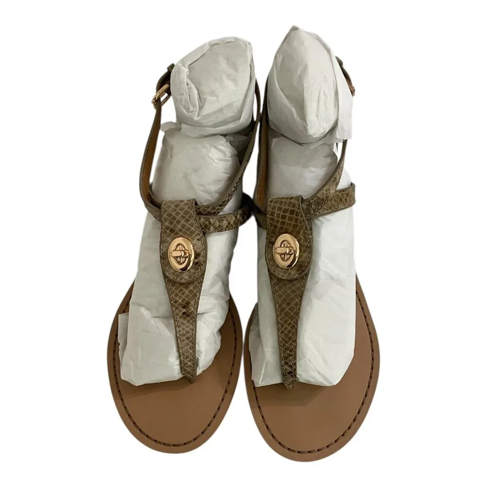 Women's Taupe T-Strap Sandals with Gold Accent